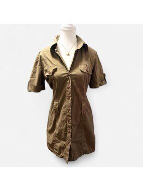Chic minimalist clean girl Green Khaki button up shirt dress Size 12